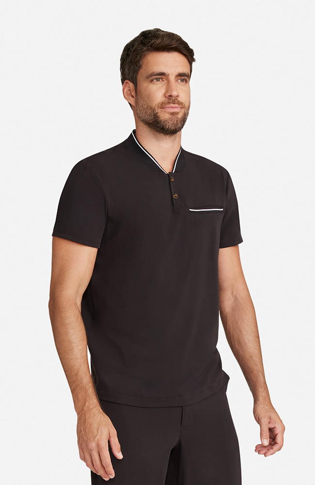 Men’s Rib Collar Henley Scrub Top, BLK Black, large