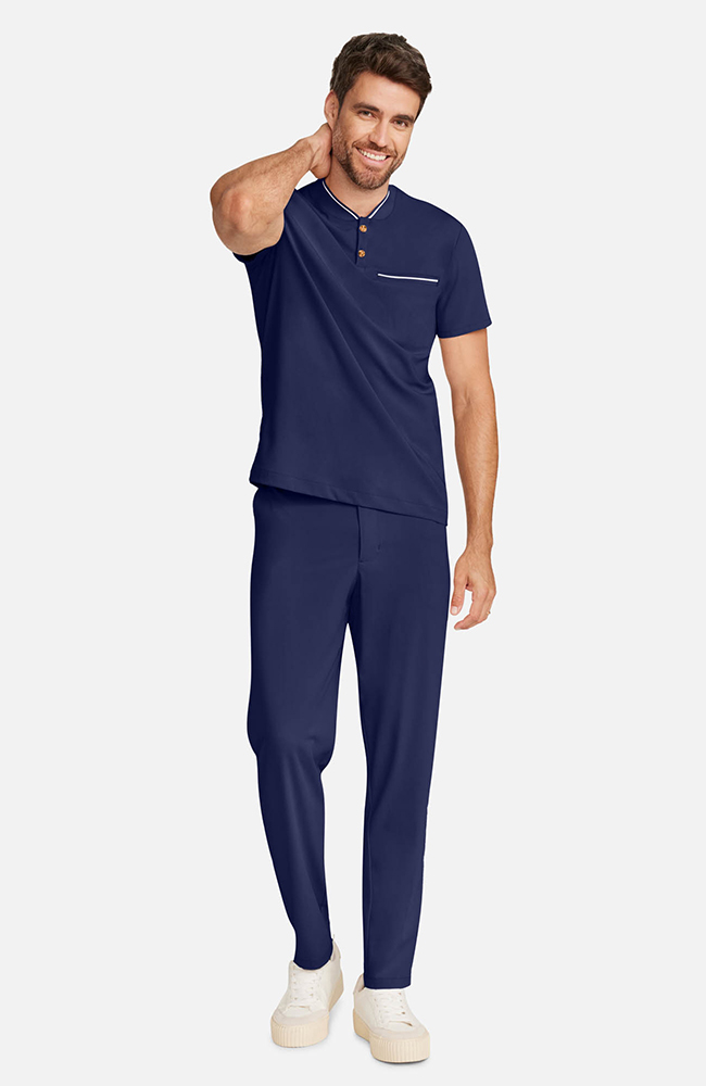 Men’s Rib Collar Henley Scrub Top, NAV Navy, large