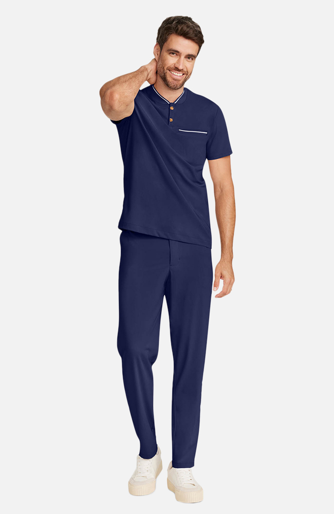 Men's Scrub Set: Rib Collar Henley Top & Cuffed Trouser Pant, NAV Navy, large