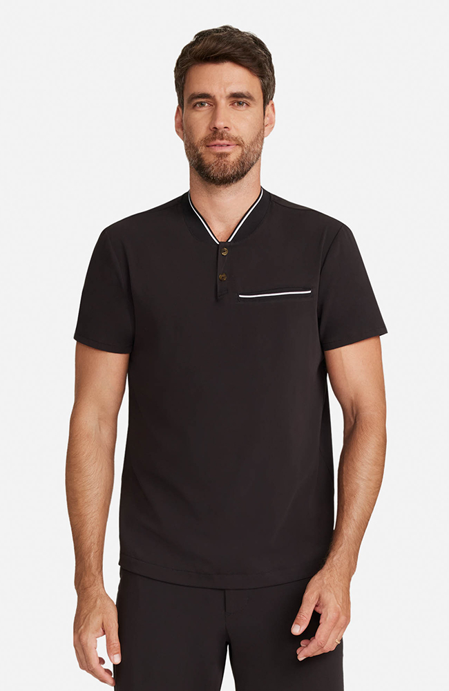 Men’s Rib Collar Henley Scrub Top, BLK Black, large