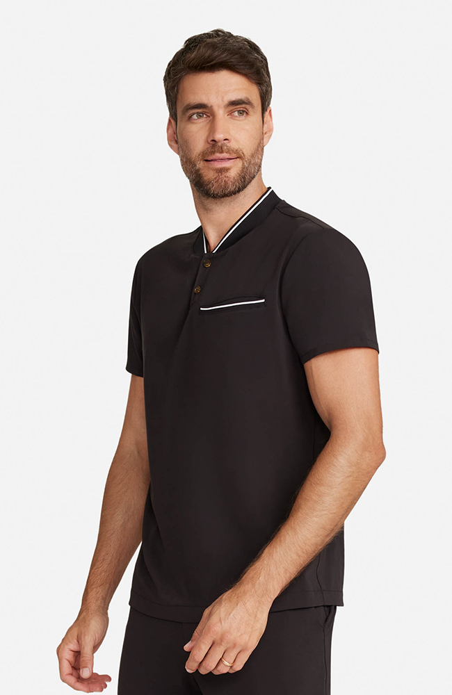 Men’s Rib Collar Henley Scrub Top, BLK Black, large
