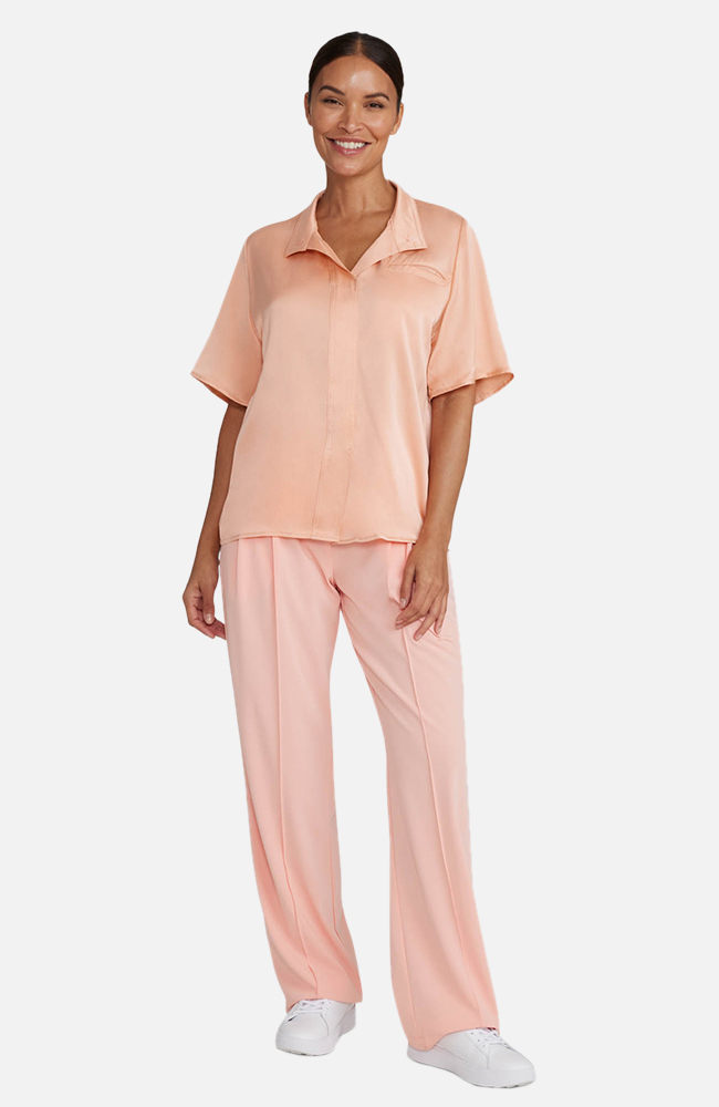 Women's Scrub Set: Silk Stand Collar Top & Pleated Wide Leg Pant, BKC Black With Cranberry Trim, large