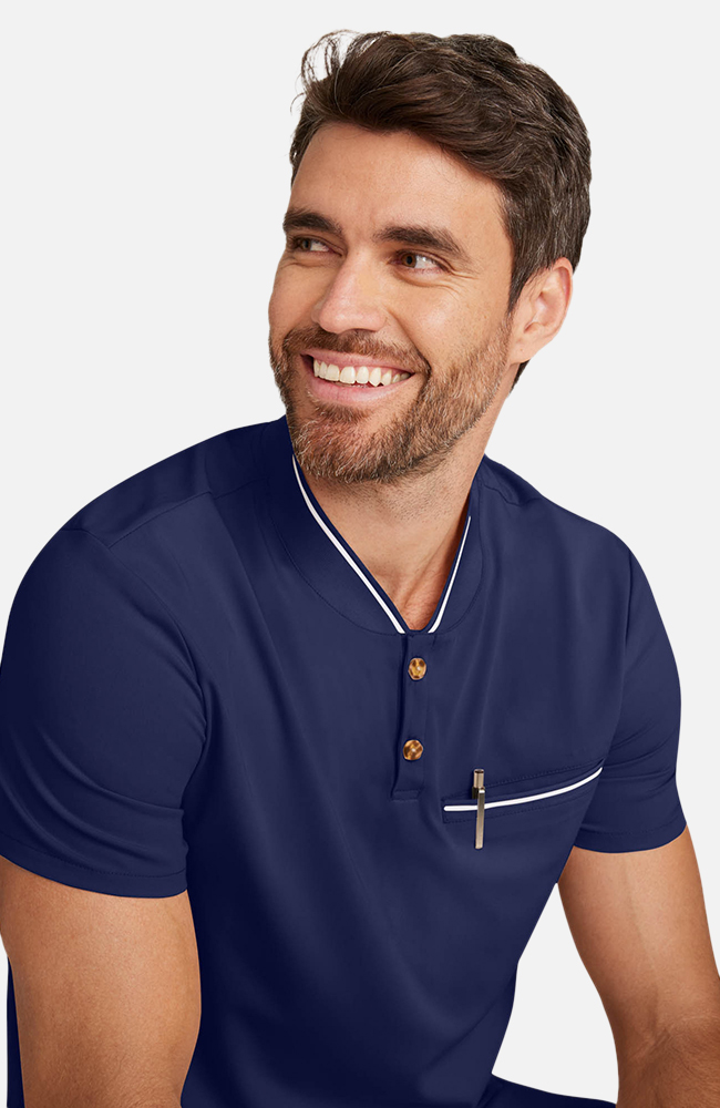 Men's Scrub Set: Rib Collar Henley Top & Cuffed Trouser Pant, NAV Navy, large